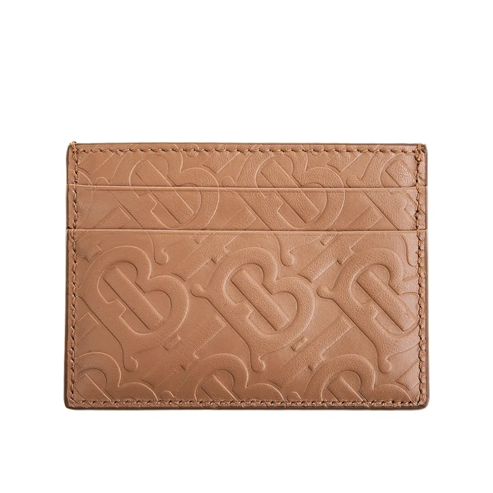 【BURBERRY 巴寶莉】經典Monogram TB 字母壓紋小牛皮卡片夾(棕色)