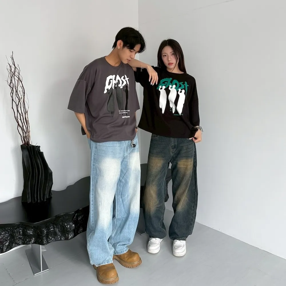【AMERO】男女同款 短袖圓領Ｔ恤 Ghost暗影印花 寬短版型 情侶裝