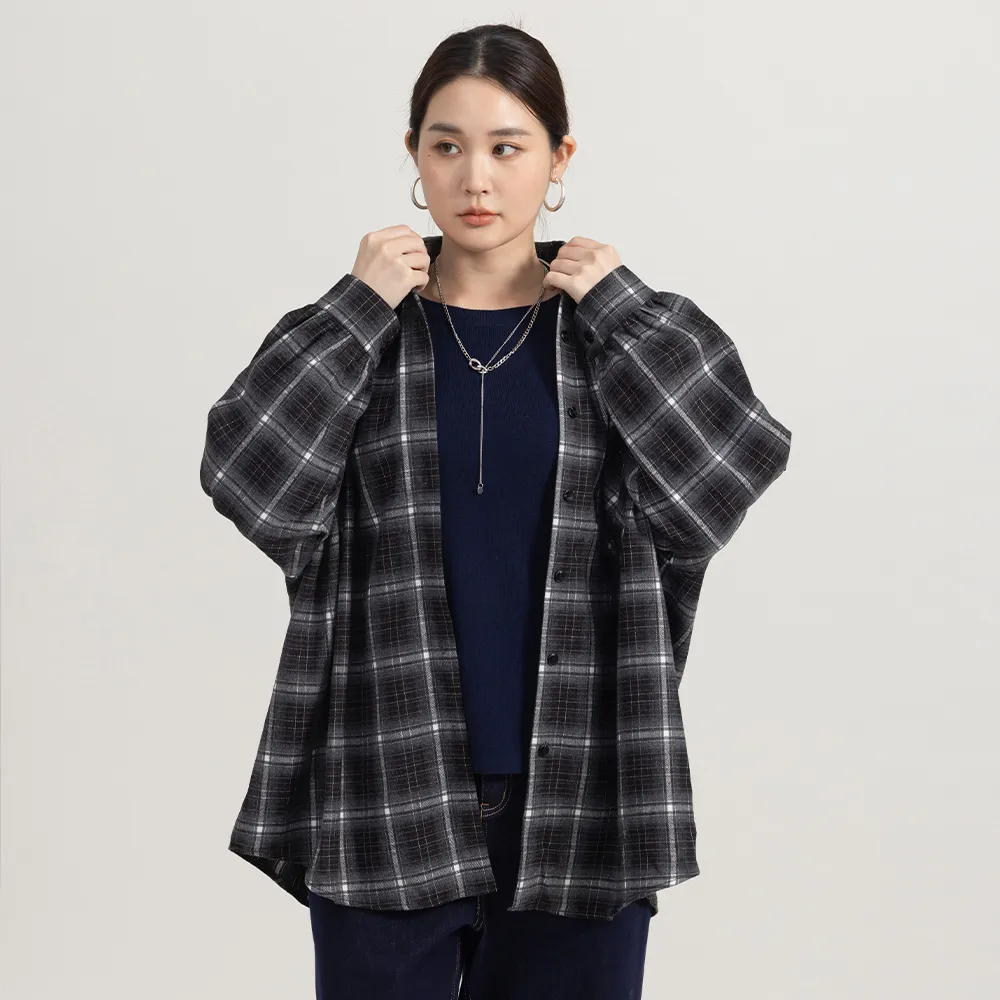 【M：MINb】復古格紋寬鬆襯衫(黑色/中大尺碼女裝/XL女裝/女裝/肉肉女穿搭/長袖/襯衫)