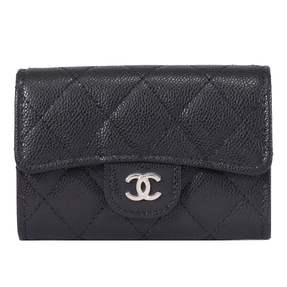 【CHANEL 香奈兒】經典雙C LOGO菱格荔枝紋信用卡零錢包(黑/淡金)
