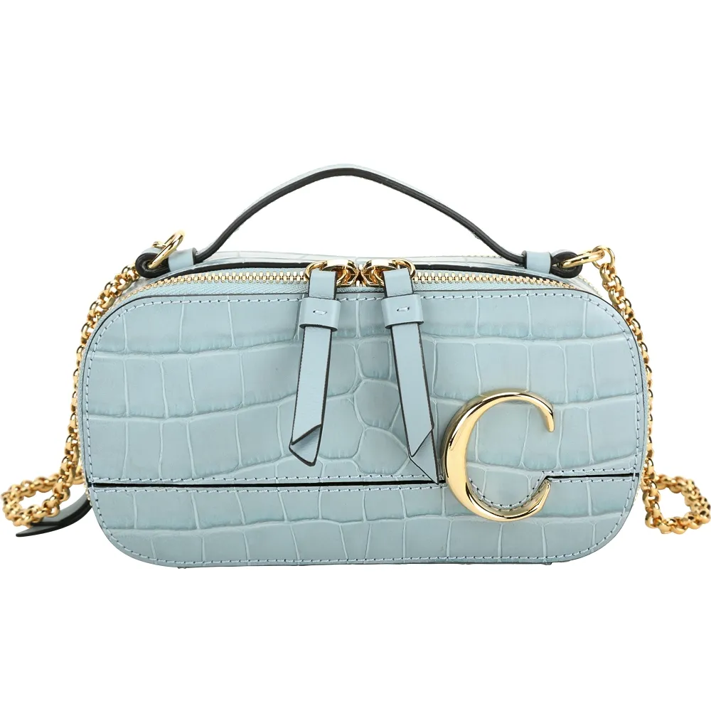 【Chloe’ 蔻依】展示品 C Vanity 水藍色迷你款鱷魚紋壓花小牛皮鍊帶手提/斜背包(背面+底部黃汙)