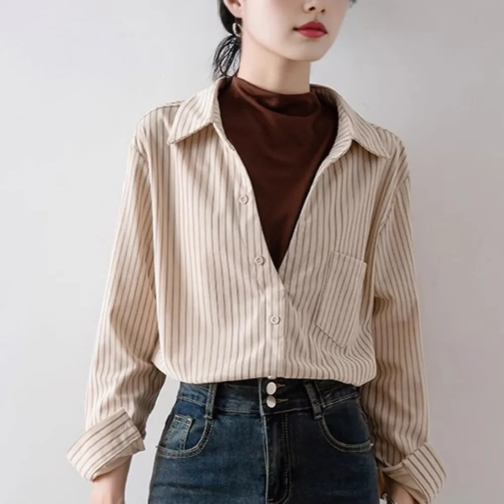 【米蘭精品】現貨+預購 襯衫長袖上衣(條紋內搭百搭通勤女裝74ke31)