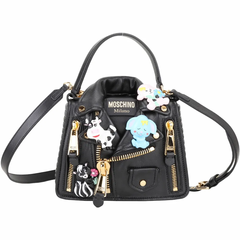 【MOSCHINO】Biker 夾克造型動物裝飾小羊皮手提 斜背包 黑色