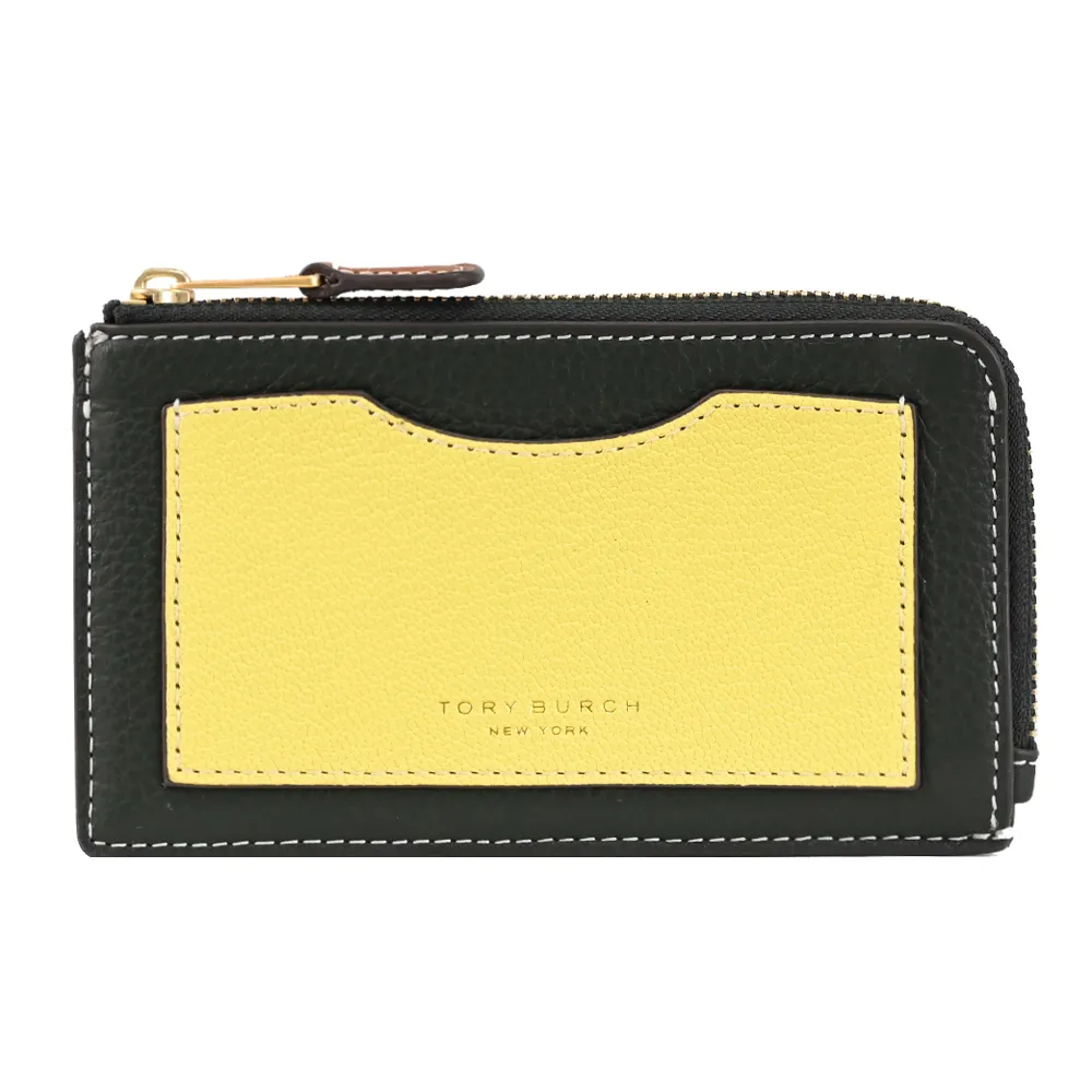 【TORY BURCH】經典烙印撞色皮革信用卡證件名片L型零錢包(深綠/黃)