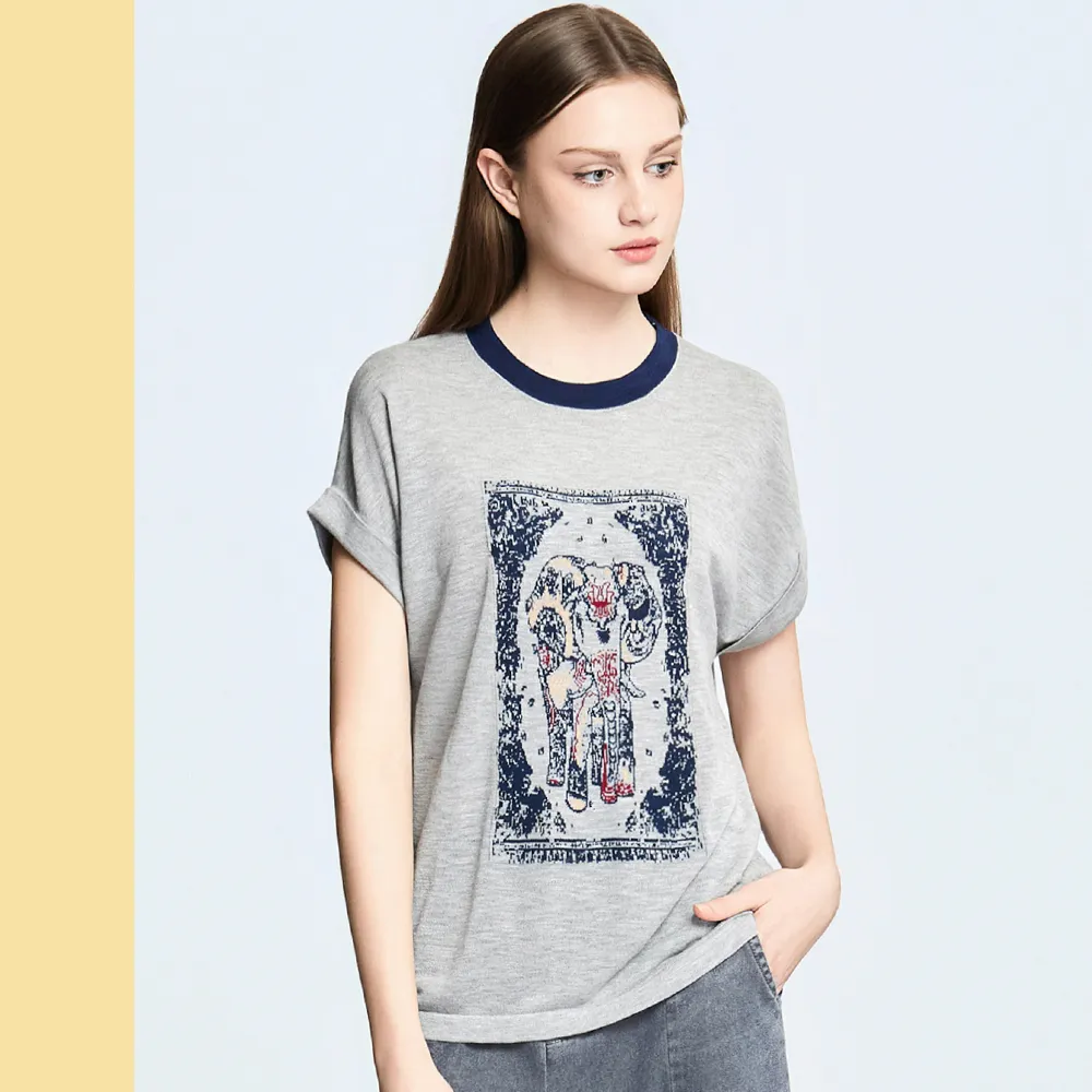 【Just Wear 佳葳】度假風大象針織上衣(女上衣/女上著/短袖/素色/休閒/百搭/棉T)