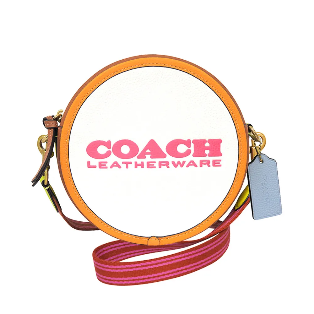 【COACH】專櫃款荔枝紋皮革撞色圓形斜背包(象牙白色)