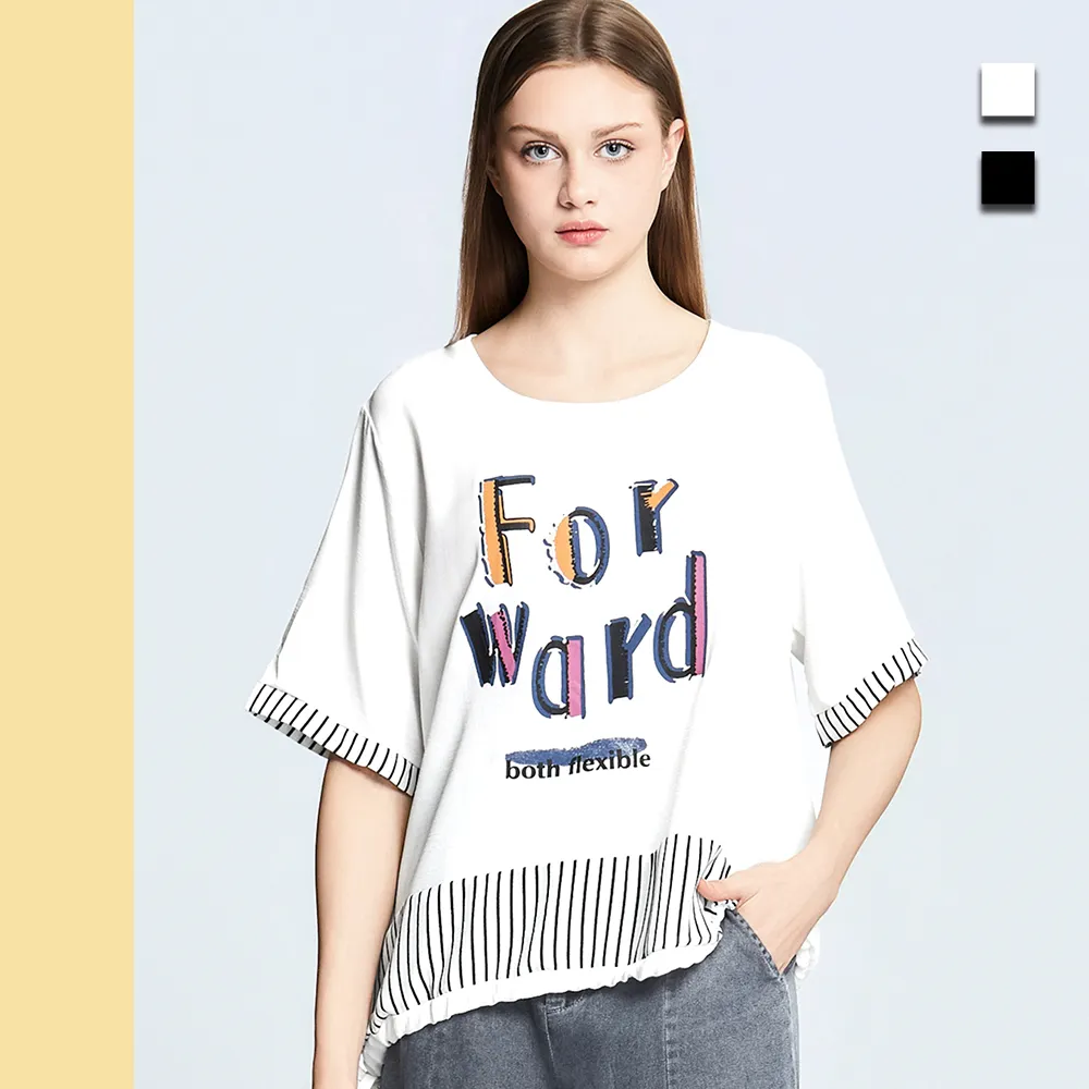 【Just Wear 佳葳】塗鴉文字印圖條紋拼接上衣 2色(女上衣/女上著/棉質/短袖/文字/輕薄/休閒)