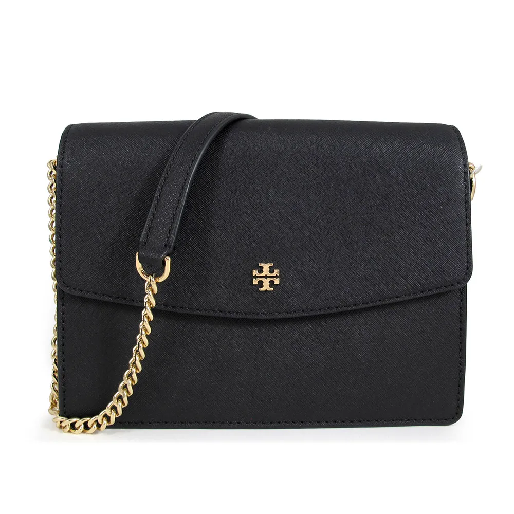 【TORY BURCH】防刮皮革翻蓋鏈帶肩背x斜背包-黑色