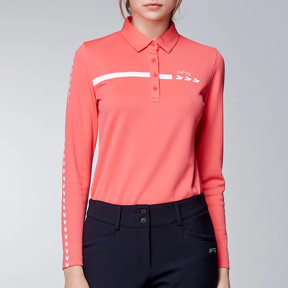 【PING】女款千鳥吸濕排汗薄長袖POLO衫-梅紅(GOLF/高爾夫球衫/RA23203-15)