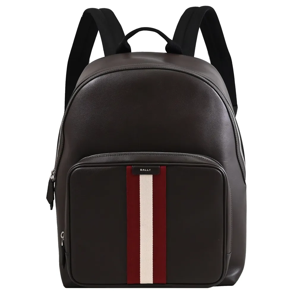 【BALLY】CODE BACK 經典紅白織帶小牛皮大商務包後背包(深咖)