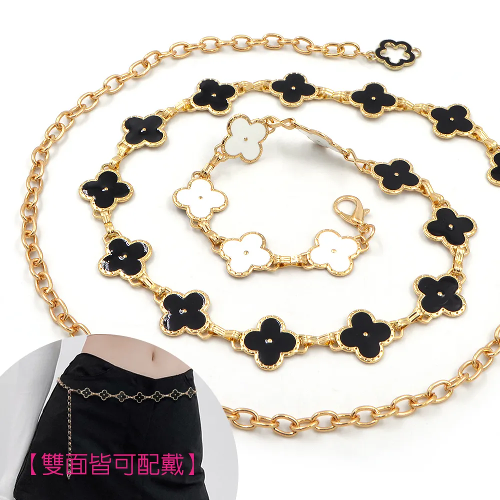 【AnnaSofia】腰鍊腰帶腰封-雙面戴雙色四葉草 現貨(金底系)