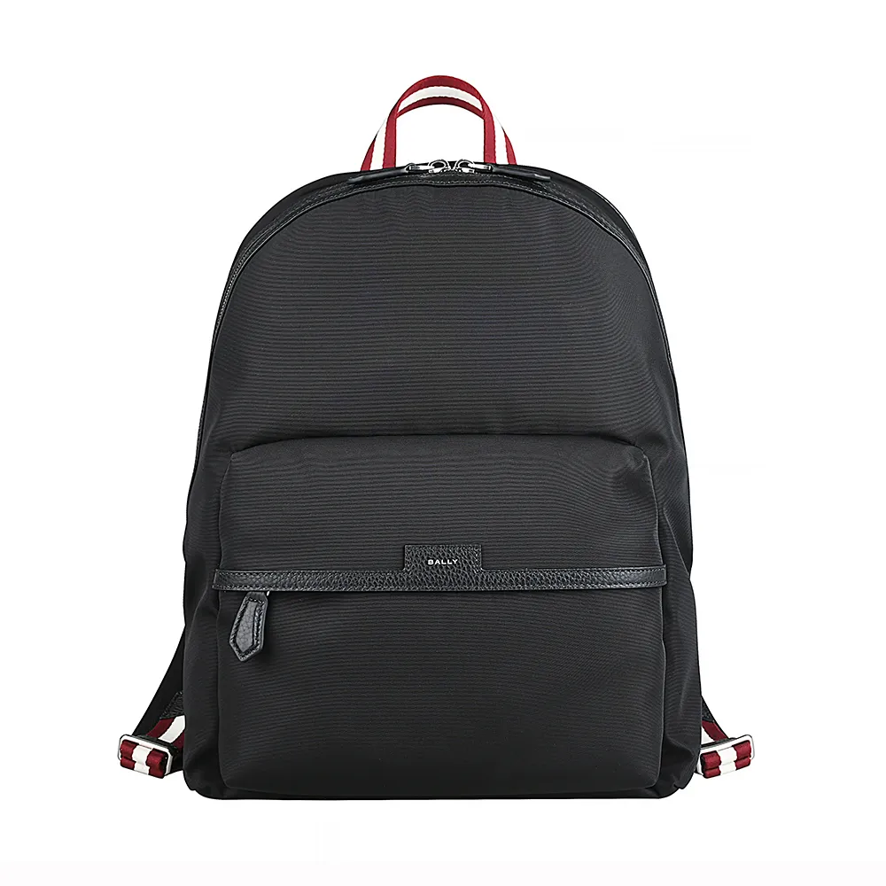 【BALLY】BALLY Code粒面燙印標籤LOGO設計尼龍/牛皮拉鍊後背包(黑)