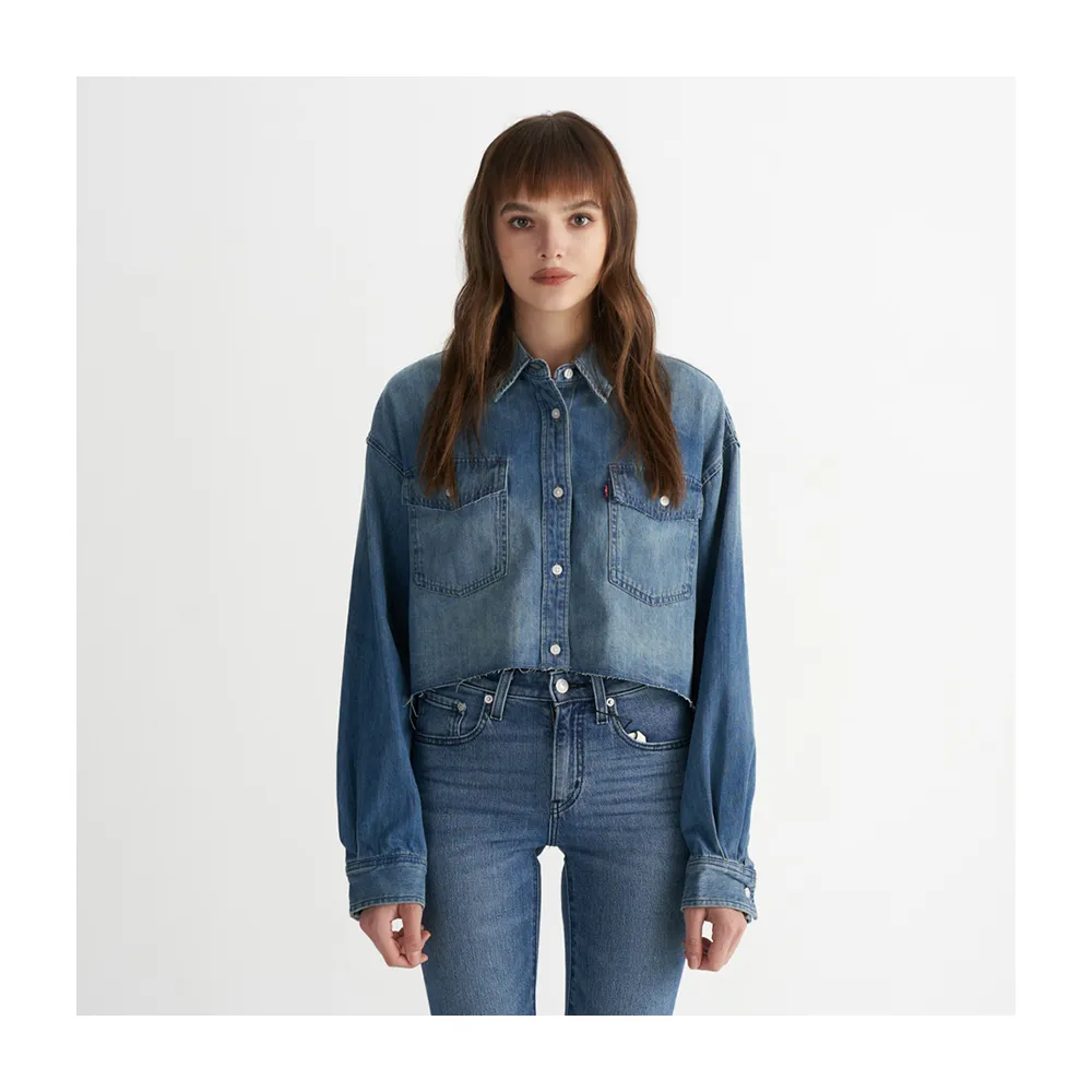 【LEVIS】女款 襯衫 短版襯衫 牛仔襯衫 丹寧襯杉 長袖襯衫 深藍刷白 上衣 熱賣單品 001BQ-0000