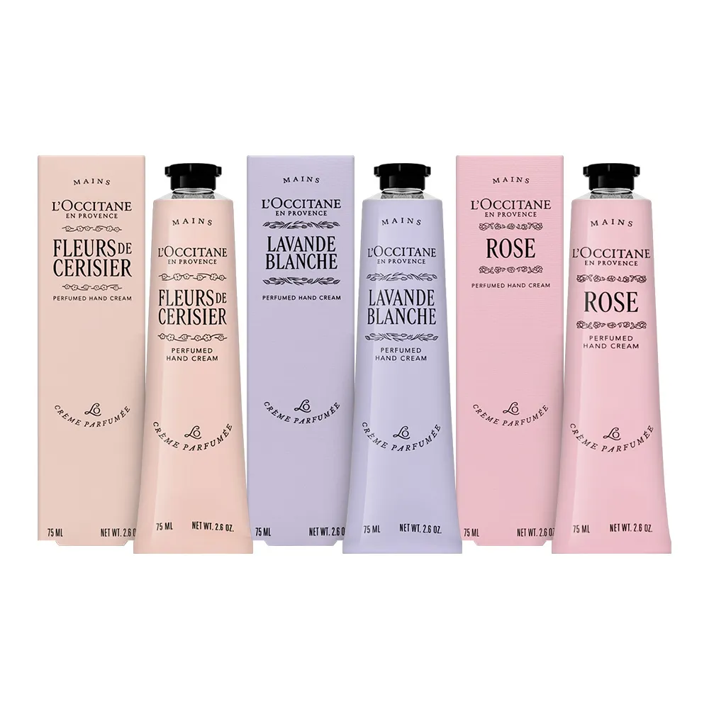 【L’Occitane 歐舒丹】普羅旺斯護手霜三件組 75ml*3(平行輸入/櫻花.白薰衣草.玫瑰)