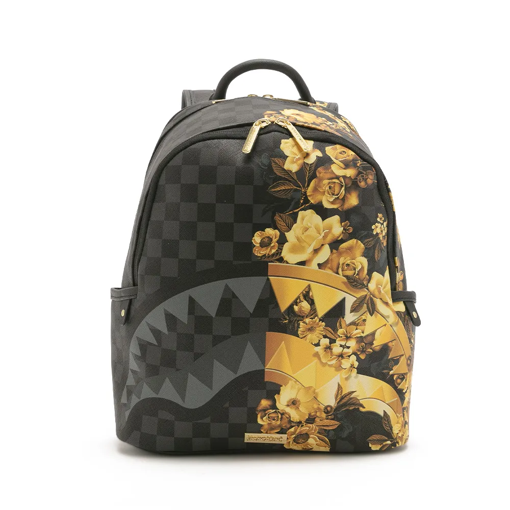【SPRAYGROUND】雙拼花卉棋盤格鋸齒鯊後背包(黑色)