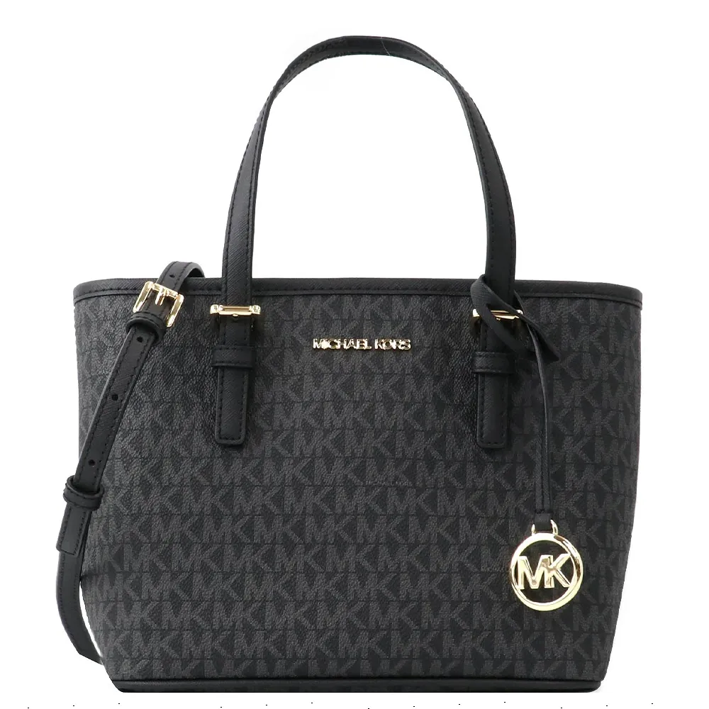 【Michael Kors】滿版Logo帆布拼接皮革托特包