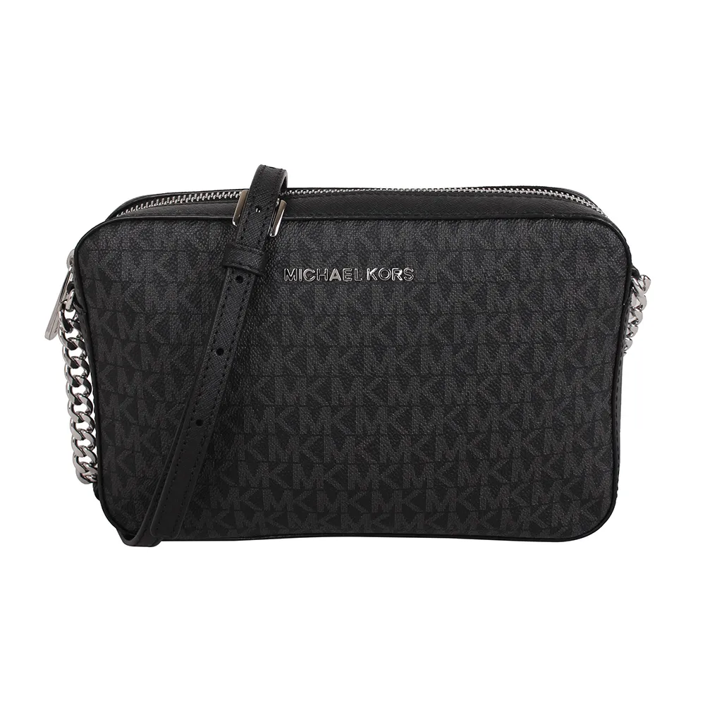 【Michael Kors】銀字滿版防刮LOGO拉鍊斜背方包(黑灰)