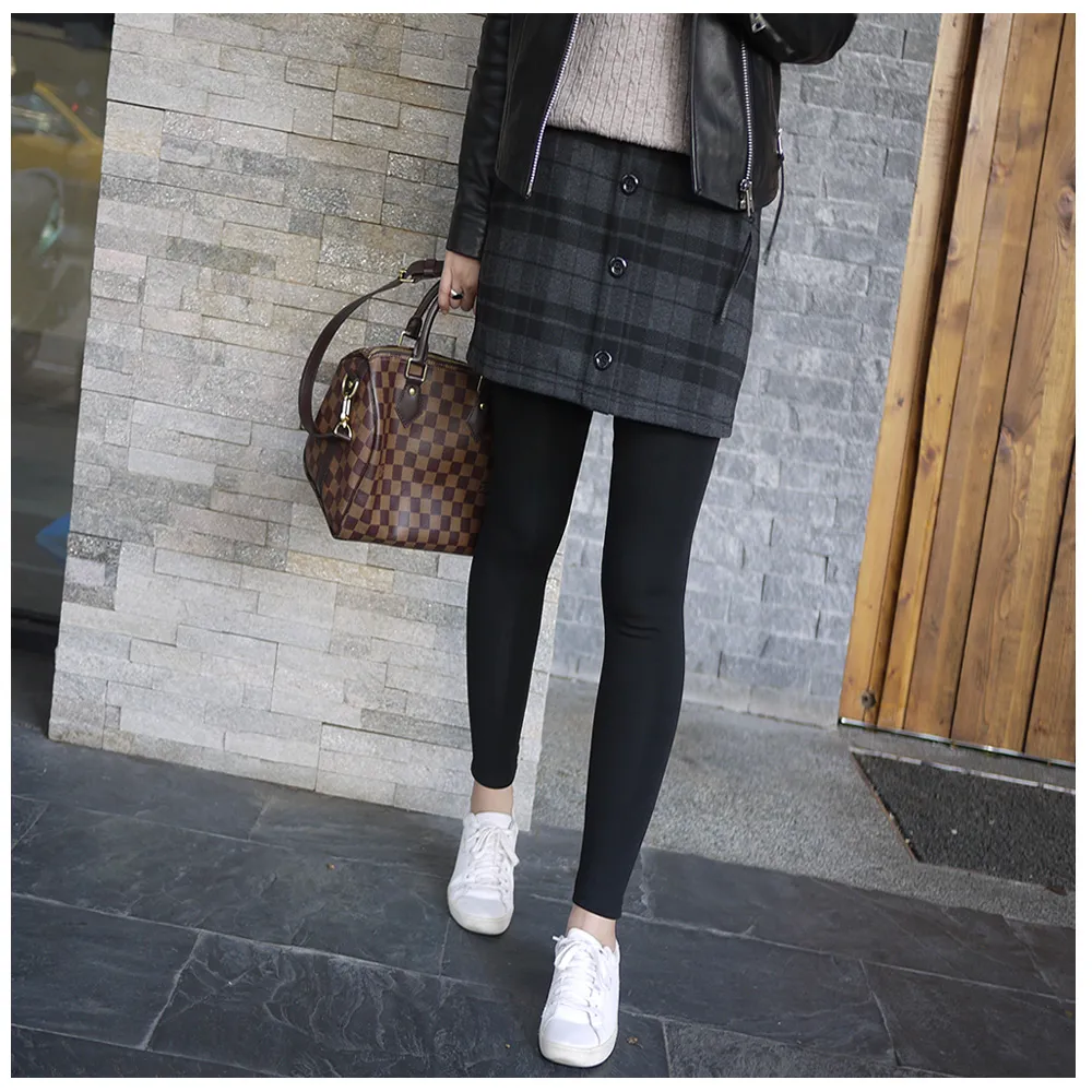 【SISTERS】英倫格紋假兩件短裙磨毛內搭褲/M-2L(冬新品/女長褲/短裙/磨毛/長褲/保暖/顯瘦)