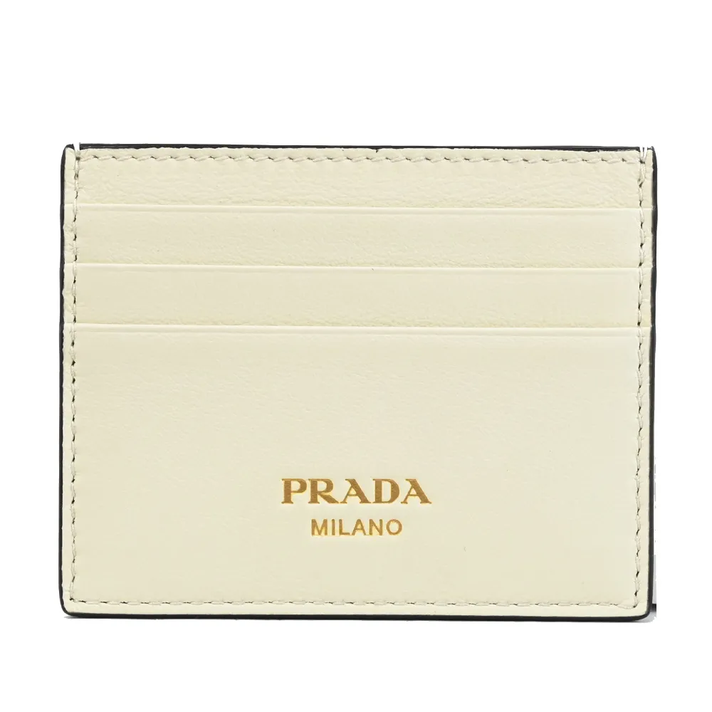 【PRADA 普拉達】簡約燙金LOGO皮革信用卡證件名片隨身卡夾(米白)