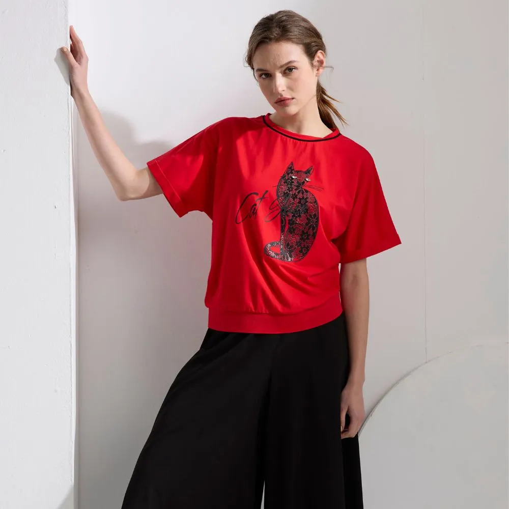 【Just J’S Miss】圓領蕾絲圖騰貓短袖棉T J24S2612