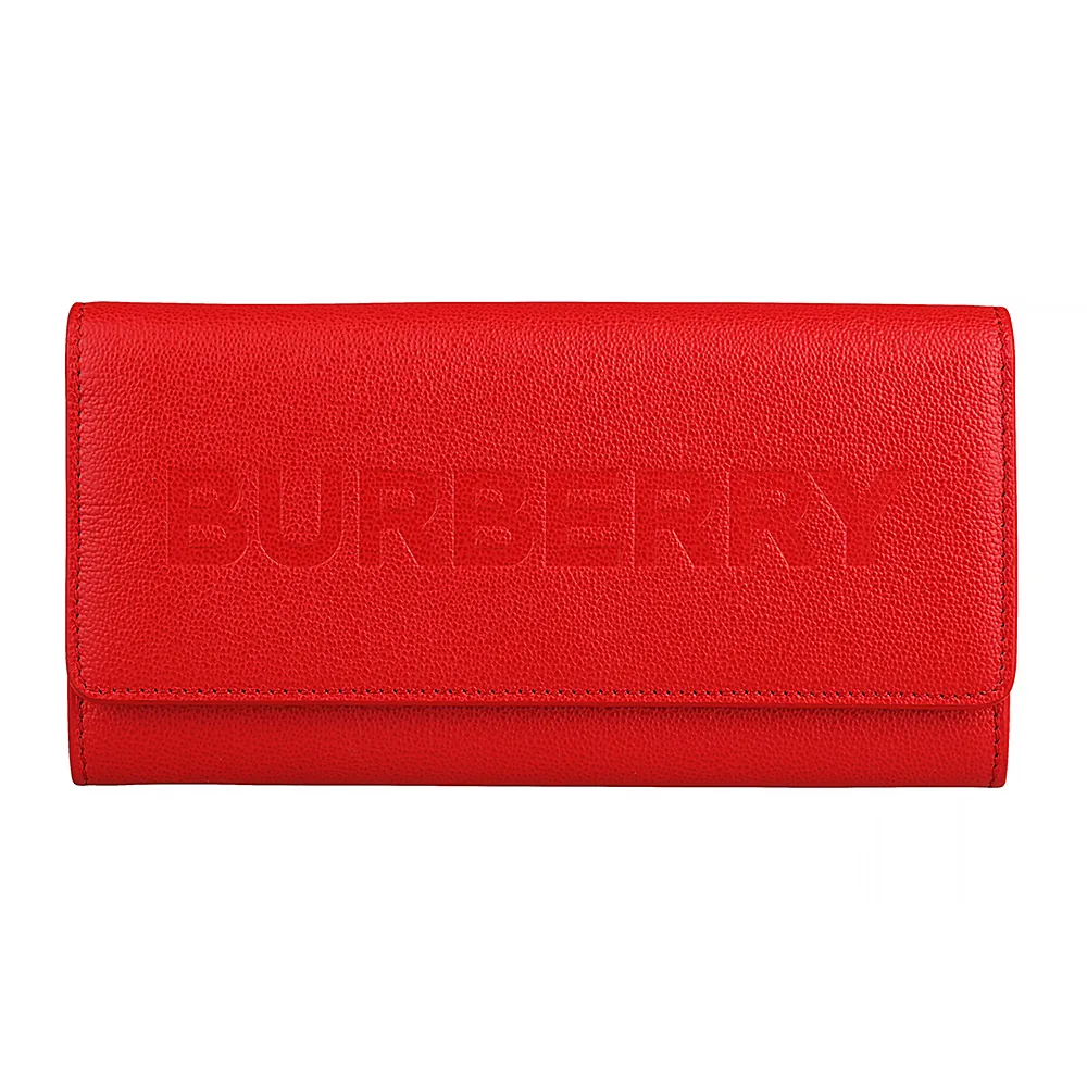 【BURBERRY 巴寶莉】BURBERRY Porter壓印LOGO牛皮12卡翻蓋壓釦式長夾(紅)