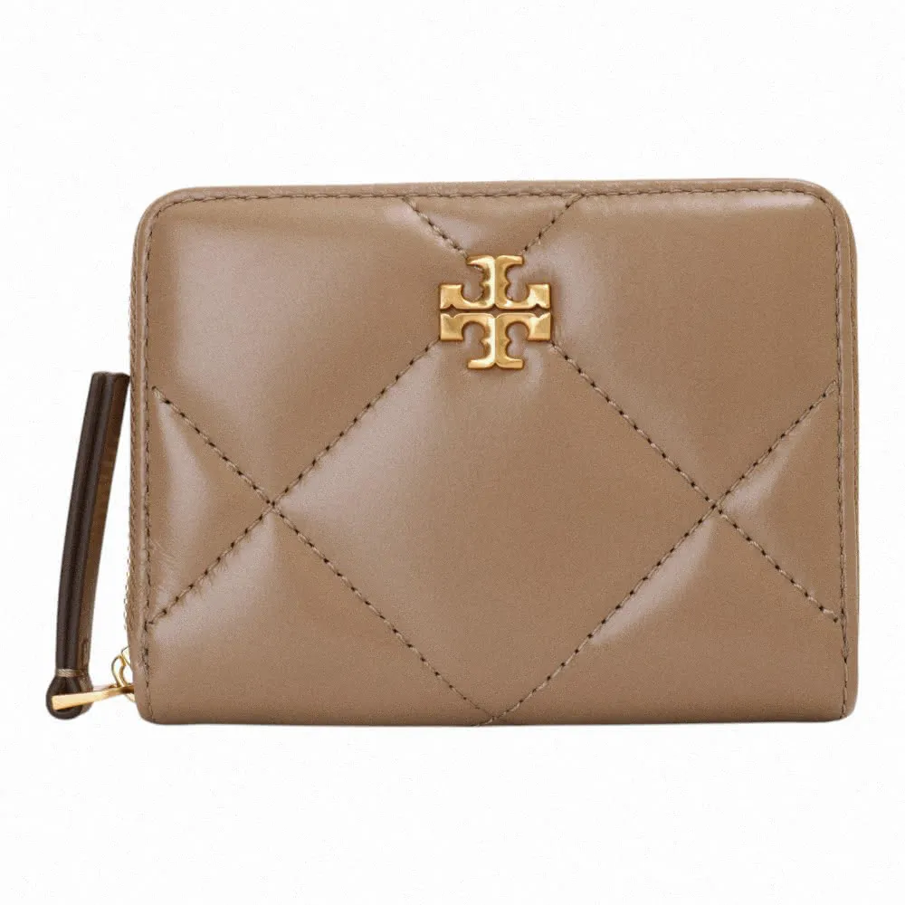 【TORY BURCH】金屬雙T 皮革ㄇ型拉鍊短夾(奶茶色)