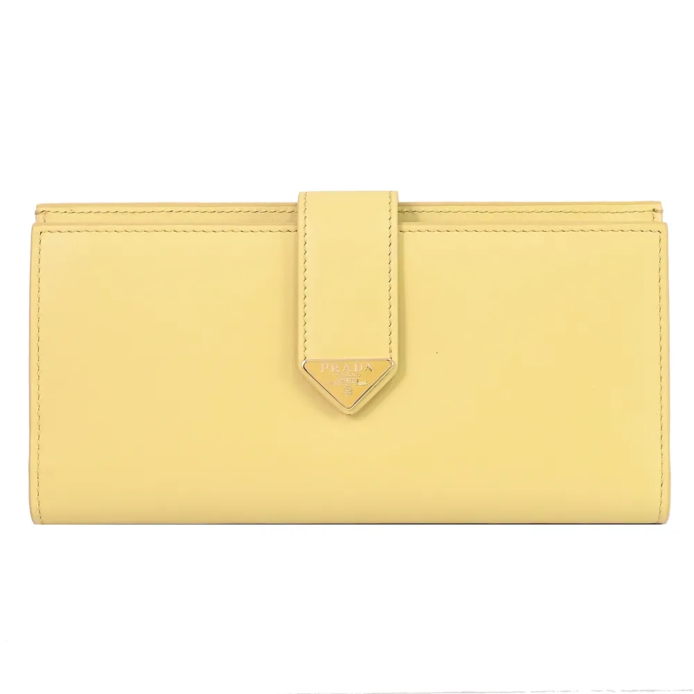 【PRADA 普拉達】經典浮雕LOGO多夾層扣式零錢長夾(淺黃)