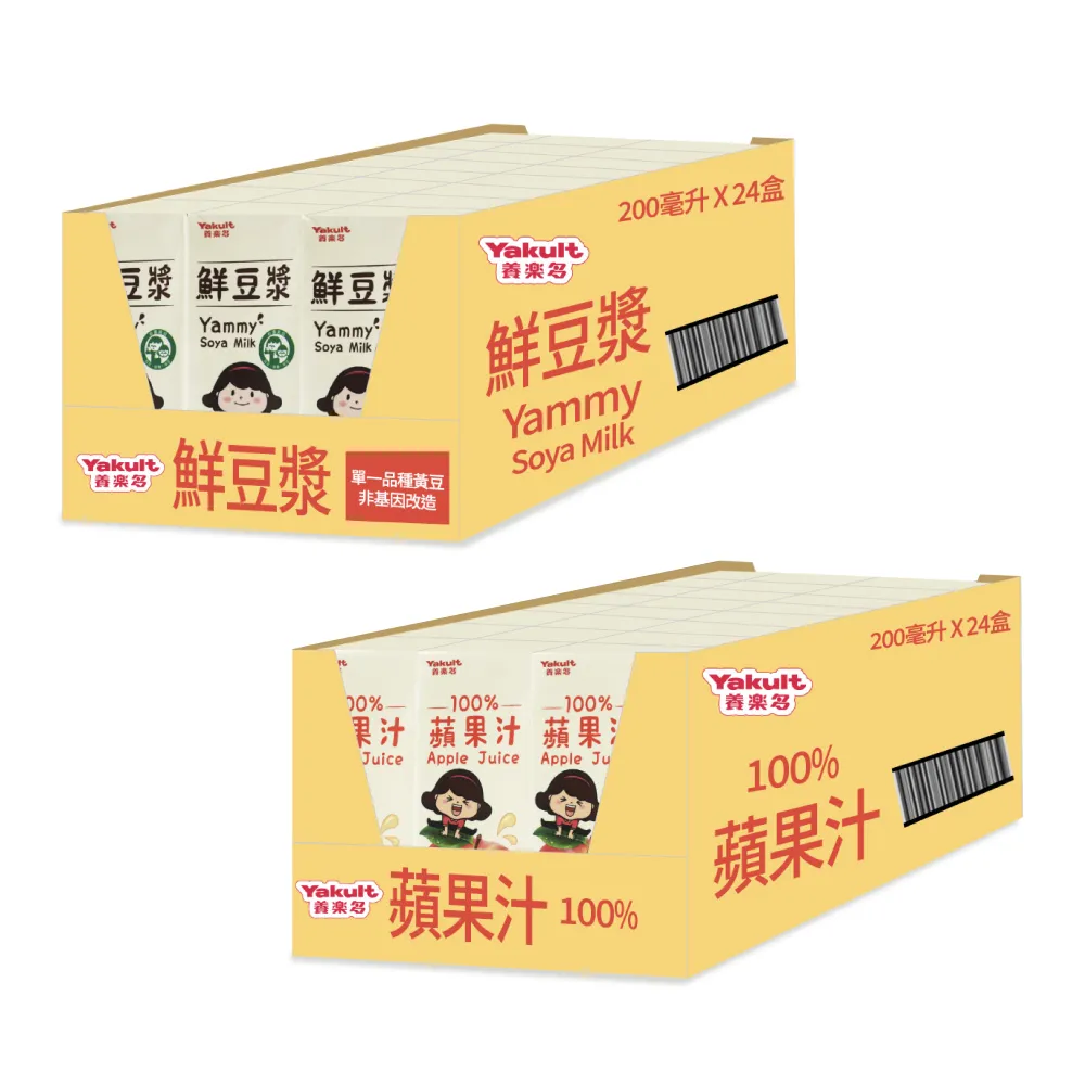 【Yakult 養樂多】蘋果汁/豆漿 任選2箱(200ml*24入/箱)