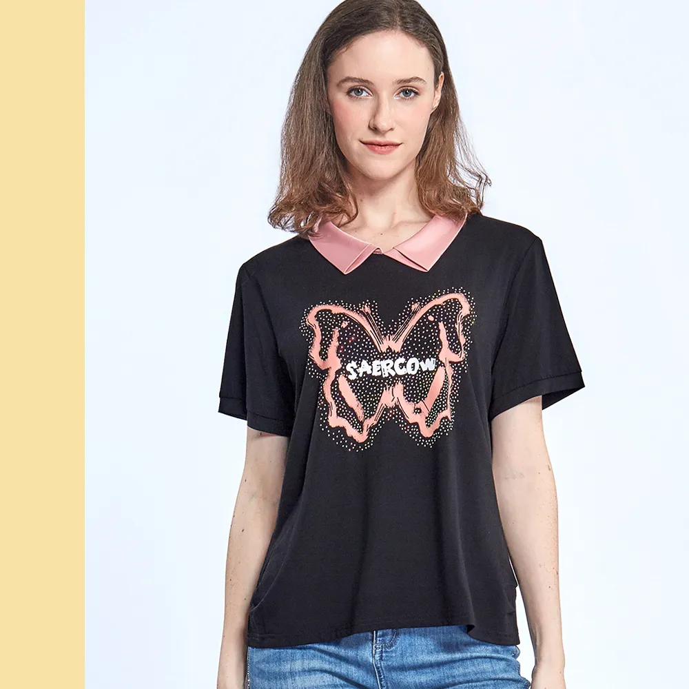 【Just Wear 佳葳】閃亮鑽飾撞色上衣(女上衣/女上著/翻領/文字/印圖/棉質/短袖/百搭)