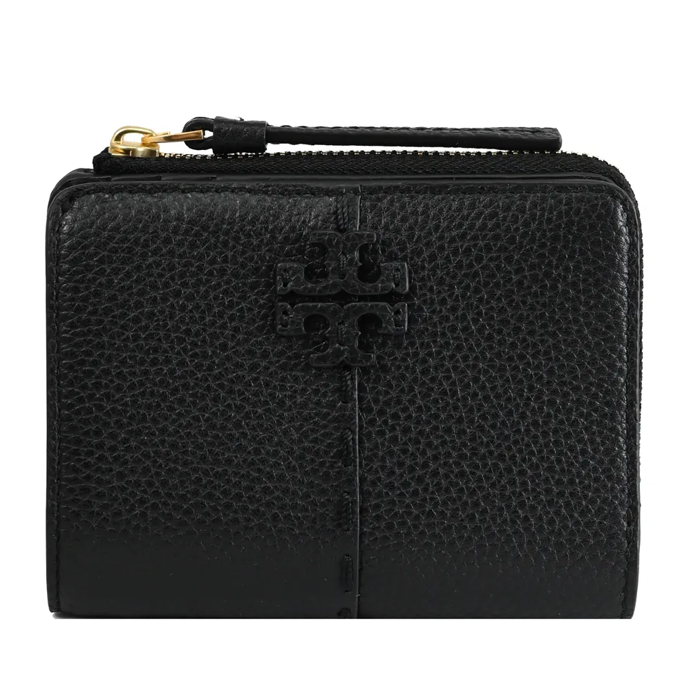 【TORY BURCH】簡約經典雙T LOGO荔枝皮革扣式零錢短夾(黑)