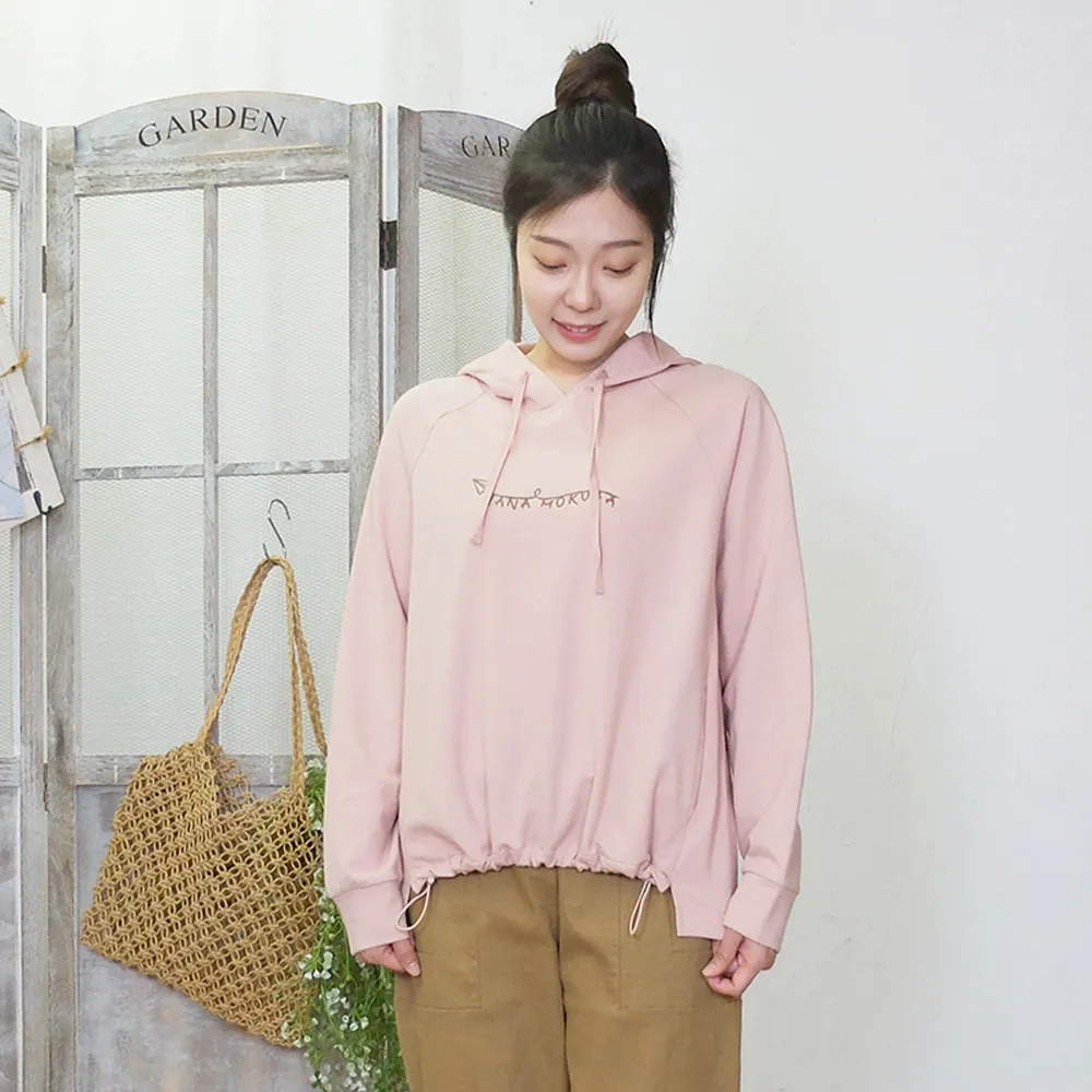 【Hana Mokuba】花木馬日系女裝插肩袖前短後長彈力繩收口休閒帽T(休閒帽T)