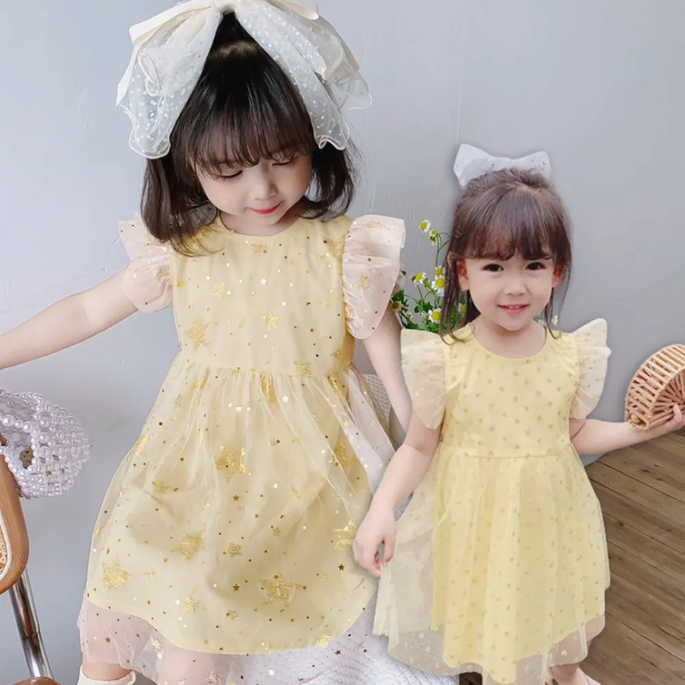 【橘魔法】亮片燙金小飛袖棉紗紗裙洋裝 女童 禮服 兒童 童裝 連身裙 澎澎裙 連身洋裝 連衣裙