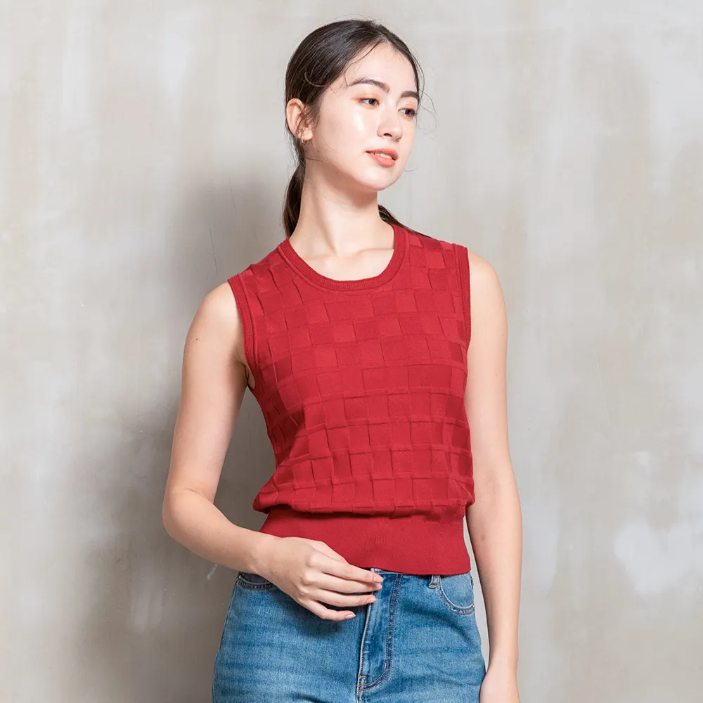 【perng yuh 芃諭名品】優雅亮麗 立體格紋 針織背心(2026 SS Collection|5A春夏新品上市)
