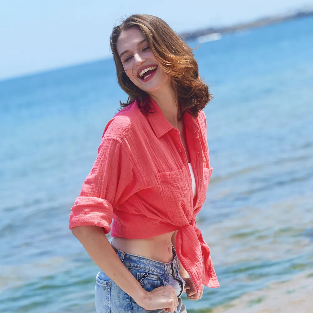 【NAUTICA】女裝 簡約休閒輕薄長袖襯衫(粉)