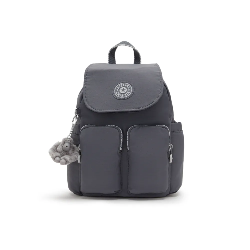 【KIPLING】『猴子包』(網路獨家款)月光灰掀蓋多袋收納後背包-CITY POCKET MINI 女包