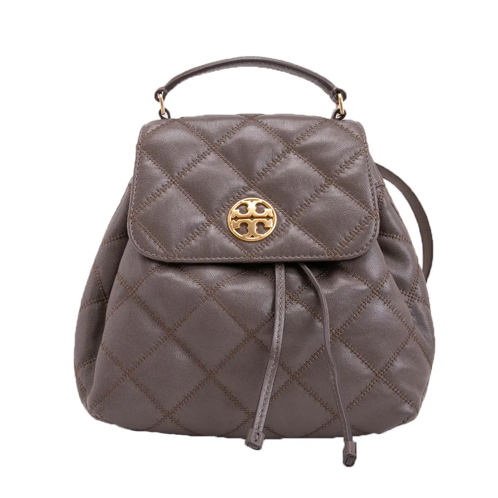 【TORY BURCH】Willa 菱格絎逢掀蓋束口後背包(岩石色)