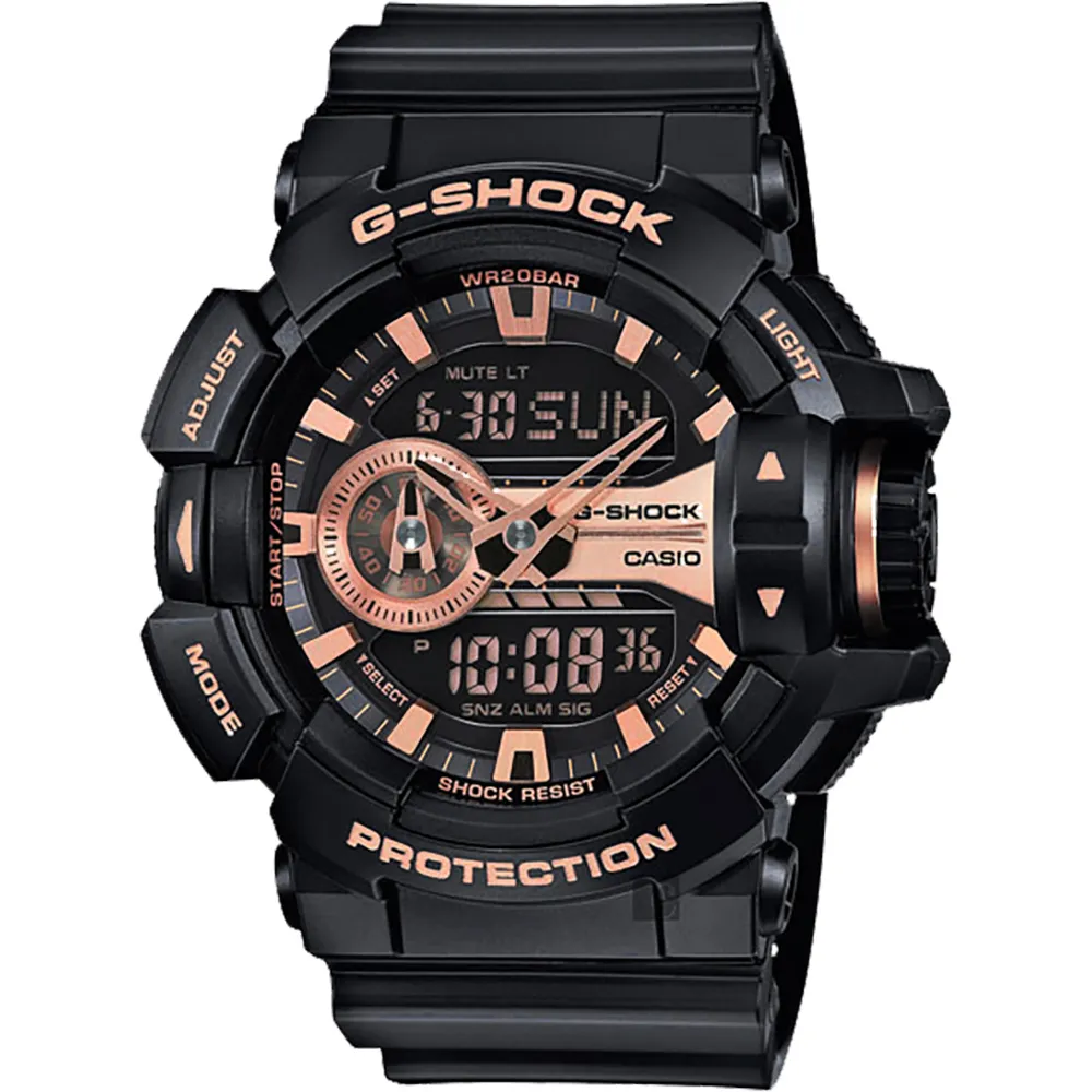 【CASIO 卡西歐】G-SHOCK 金屬系雙顯手錶-玫瑰金x黑 送禮 禮物 推薦(GA-400GB-1A4)