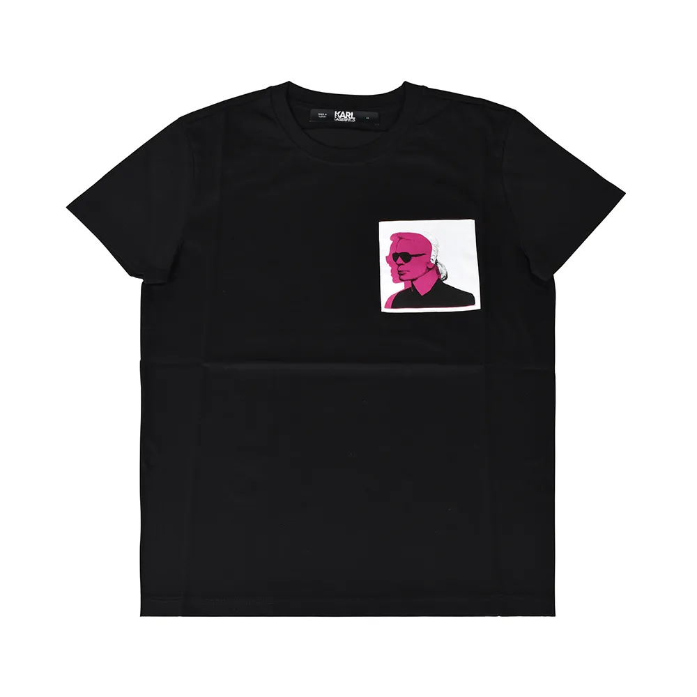 【KARL LAGERFELD 卡爾】KARL LAGERFELD卡爾·拉格斐造型印花口袋純棉短T(XS/S/M/黑)