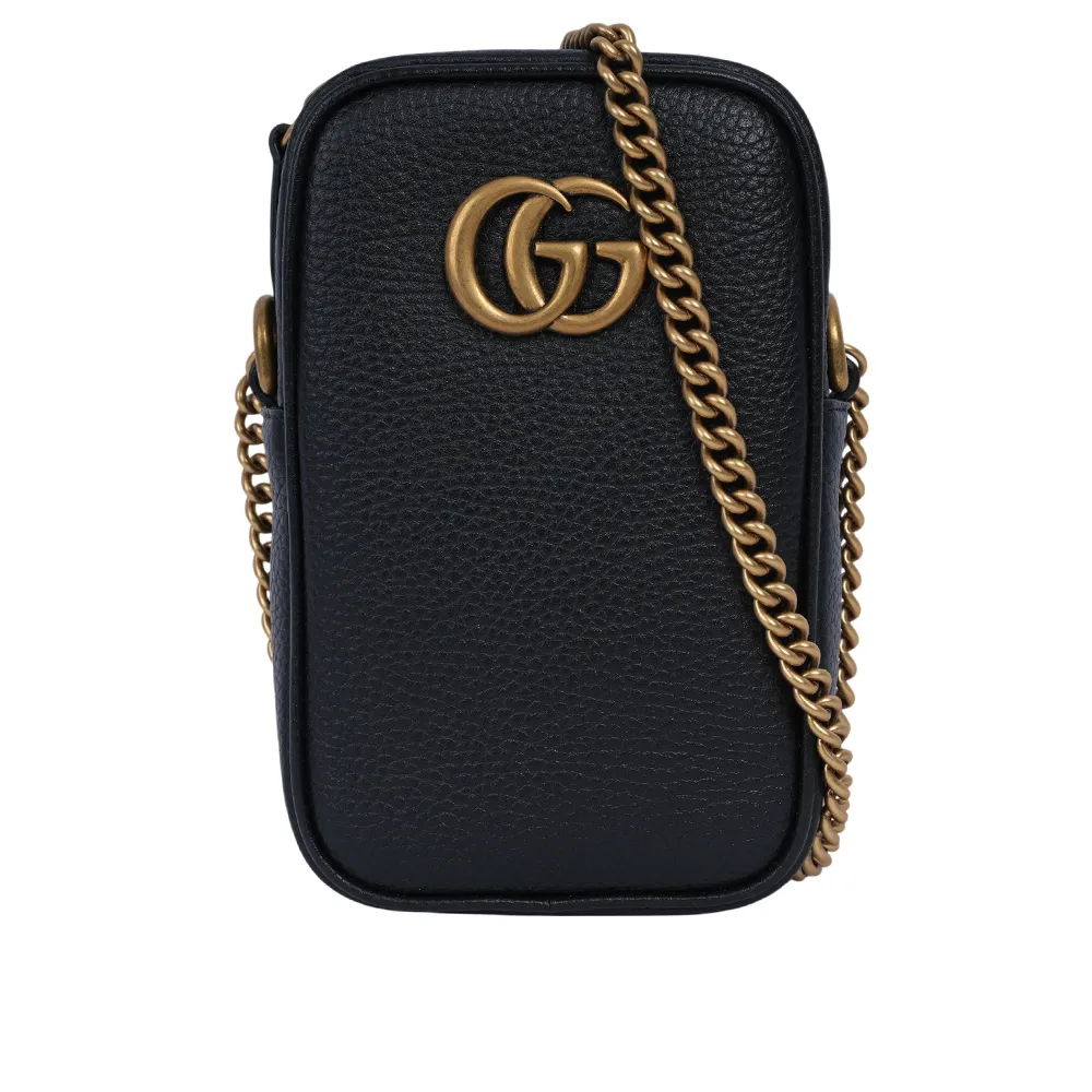 【GUCCI 古馳】Marmont 金色粒紋牛皮拉鍊手機包/鍊包(黑色)