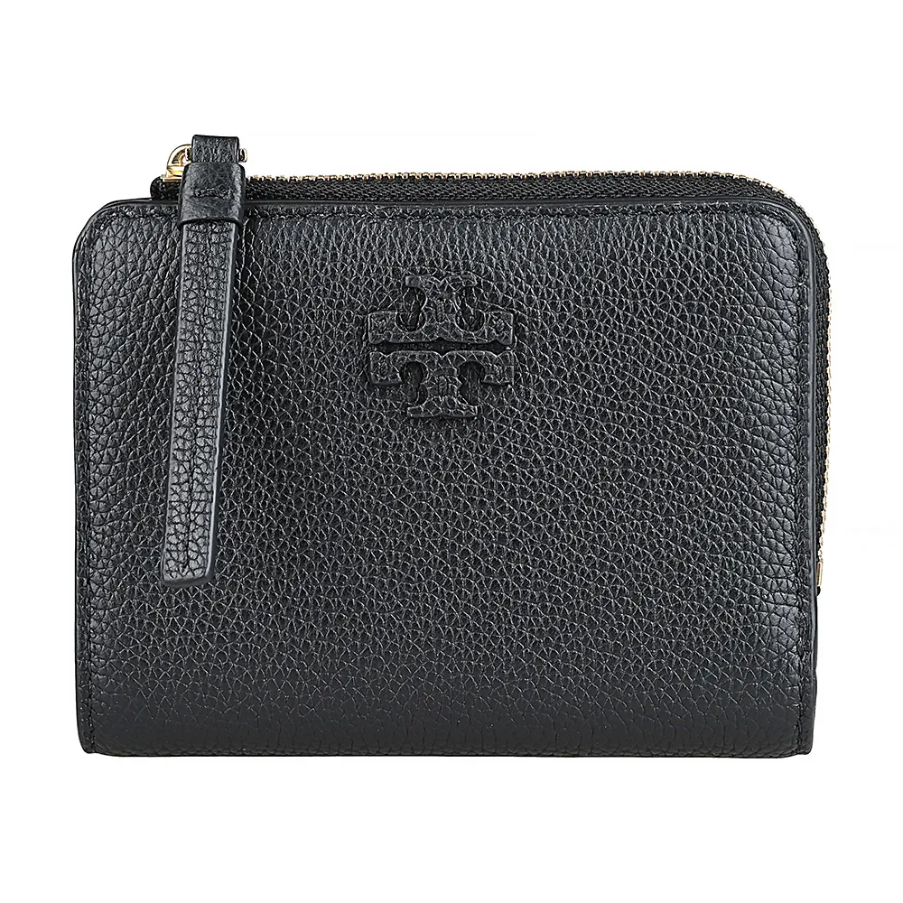 【TORY BURCH】TORY BURCH Mcgraw皮革雙T字LOGO荔枝紋小牛皮內外撞色設計6卡壓釦式拉鍊零錢短夾(黑)
