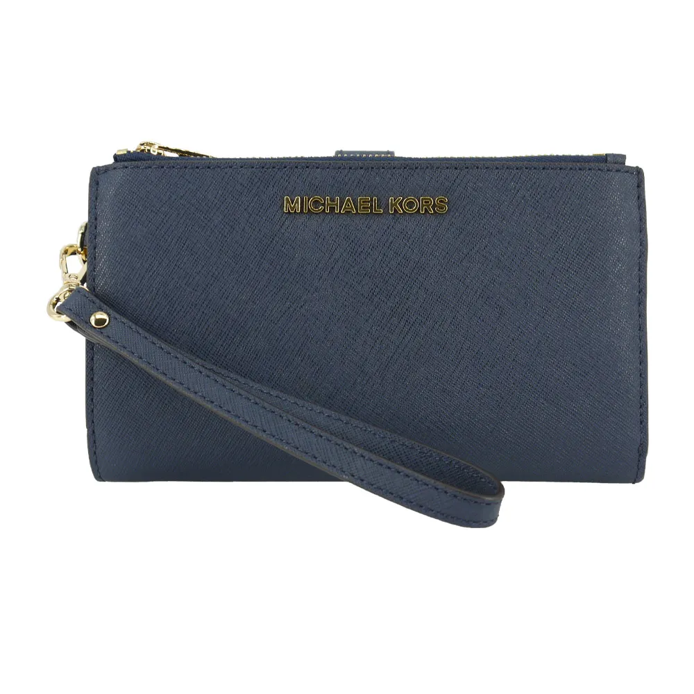 【Michael Kors】JET SET TRAVEL 防刮海軍藍多功能手拿皮夾/手機包(手提帶可拆)