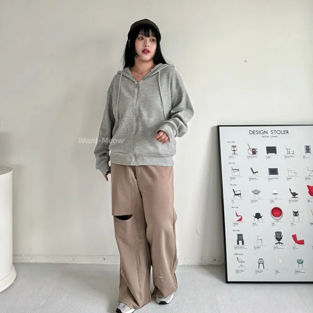 【Want-Meow】90公斤可穿/韓系鬆緊休閒割破棉寬褲(大碼/大尺碼/加大碼/鬆緊寬褲)