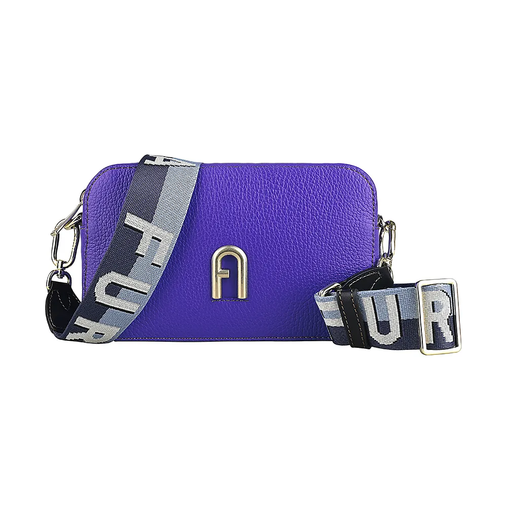 【FURLA 芙拉】FURLA Primula復古金屬拱門LOGO荔枝紋設計牛皮拉鍊斜背相機包(迷你/寶藍)