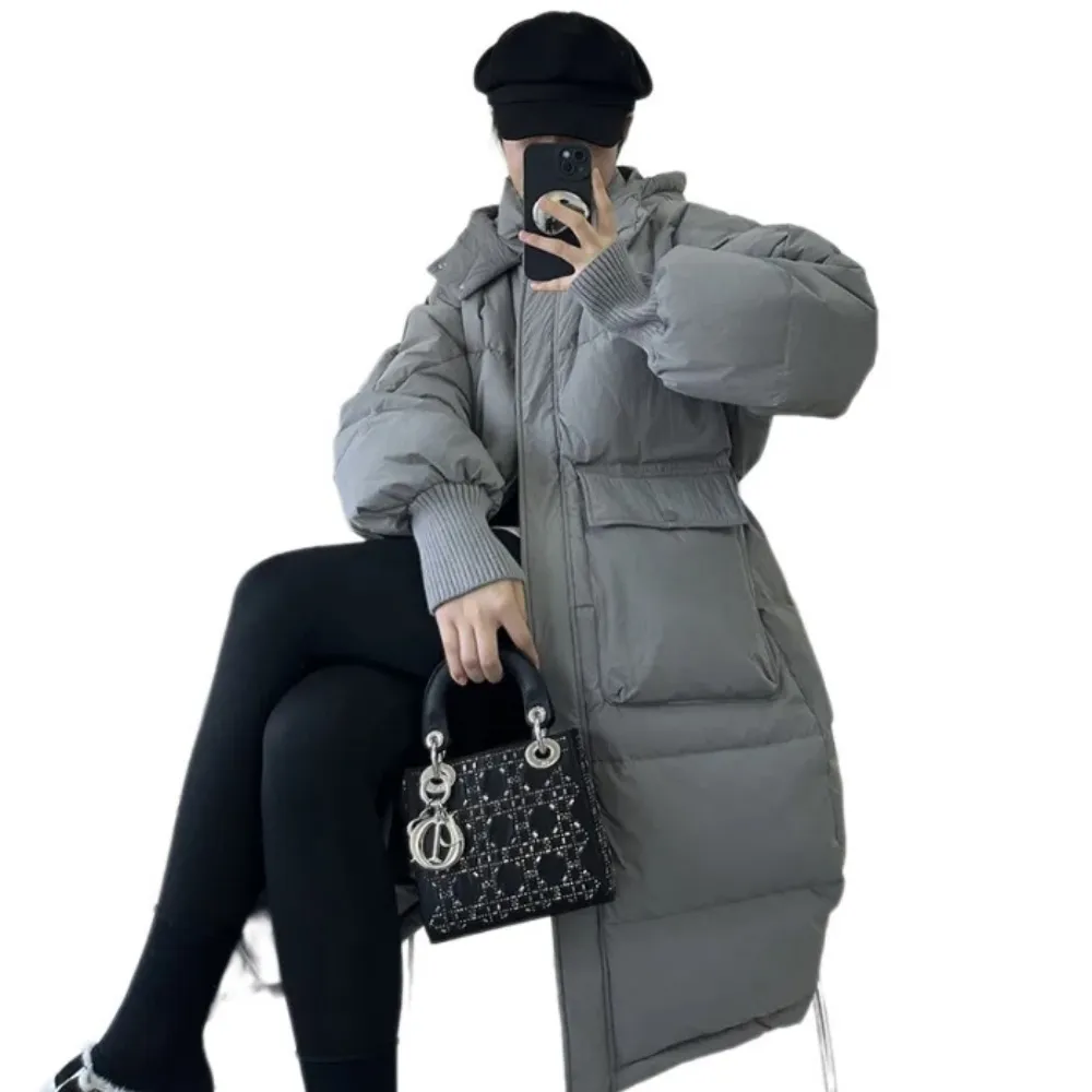 【米蘭精品】現貨+預購 真羽絨90%鴨絨羽絨外套(韓版花苞帽連帽螺紋袖保暖過膝中長款女夾克5色74jx51)