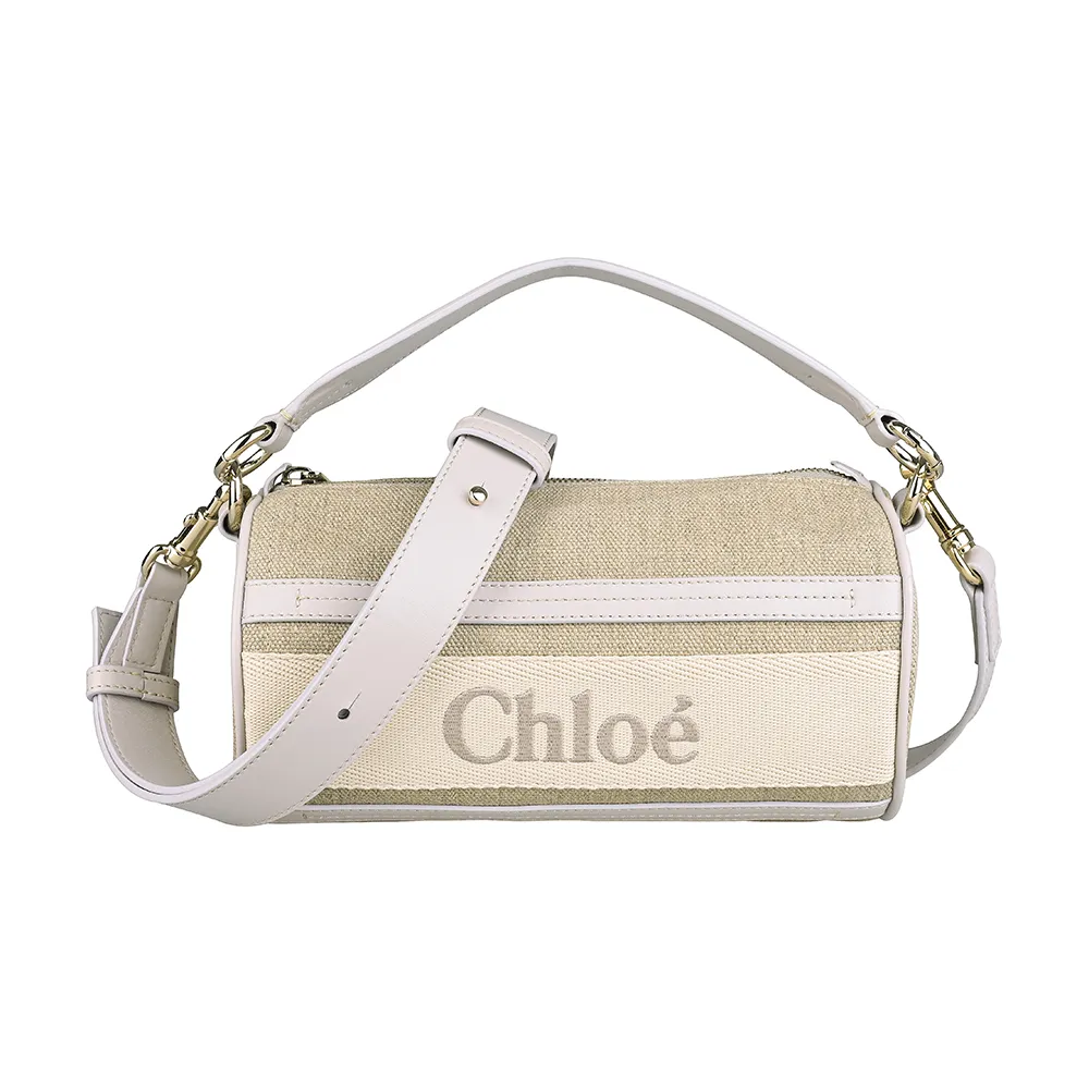 【Chloe’ 蔻依】Chlo☆ Woody經典繡字LOGO亞麻帆布搭小牛皮拉鍊斜背管型包(迷你/野灰x淺米)