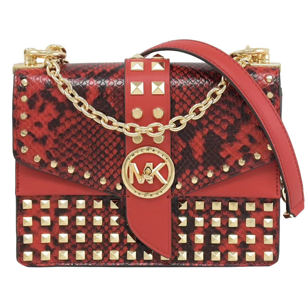 【Michael Kors】圓標金屬MK轉釦蛇紋鉚釘拼接雙蓋肩斜三用鍊包淑女包(紅)