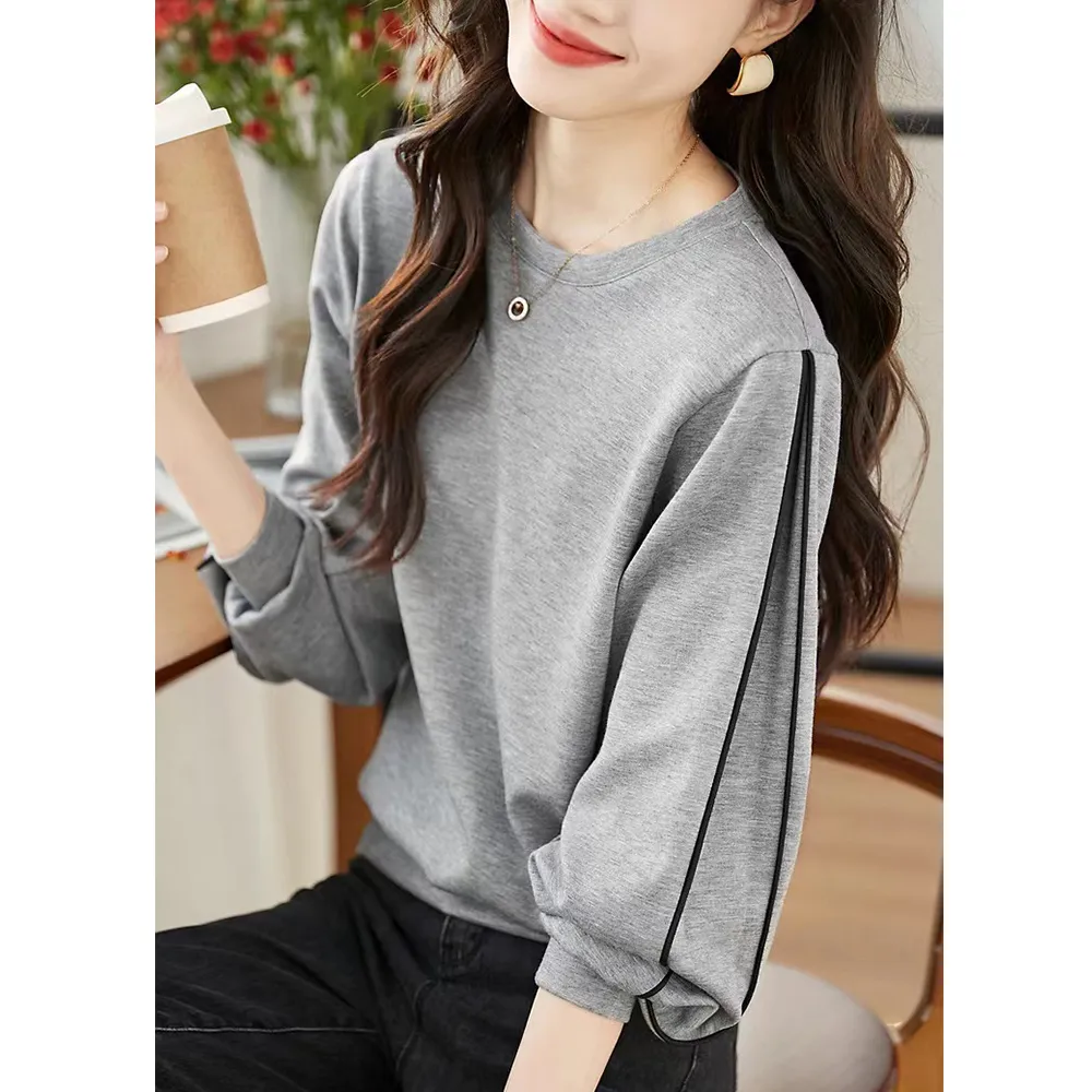 【初色】撞色拼接袖設計T恤上衣女上衣-灰色-63924(M-2XL可選)