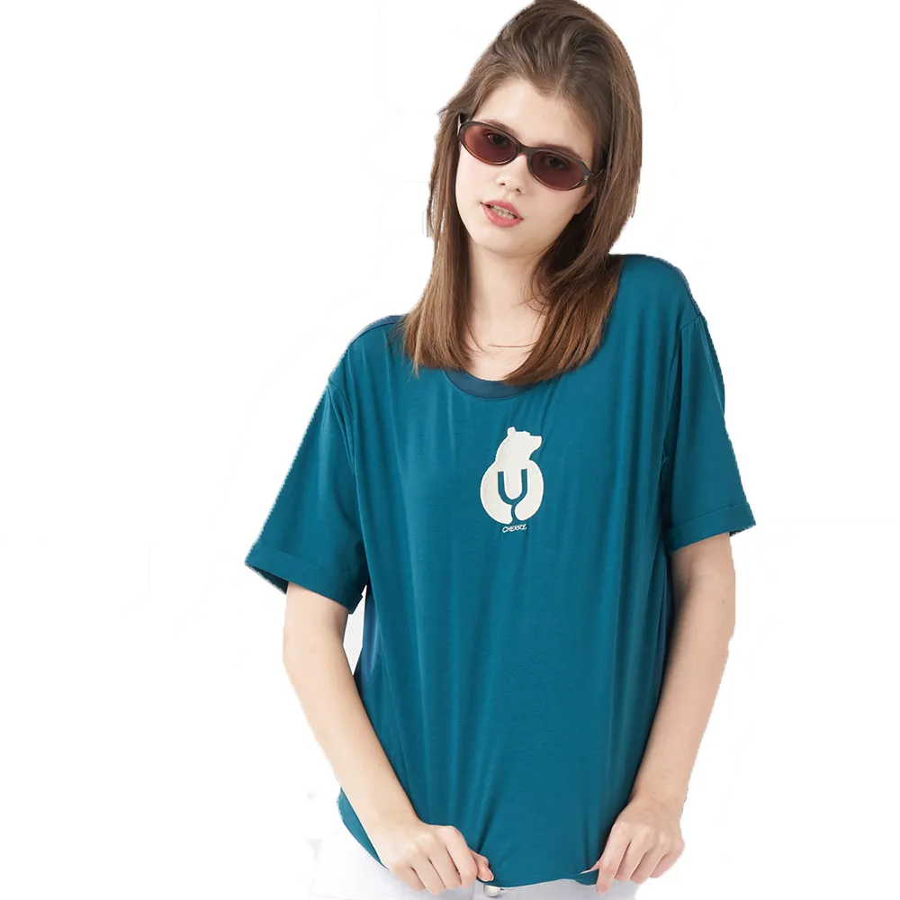 【Qiruo 奇若名品】棉質前後不同布料拼接 白熊翡綠色上衣8238A
