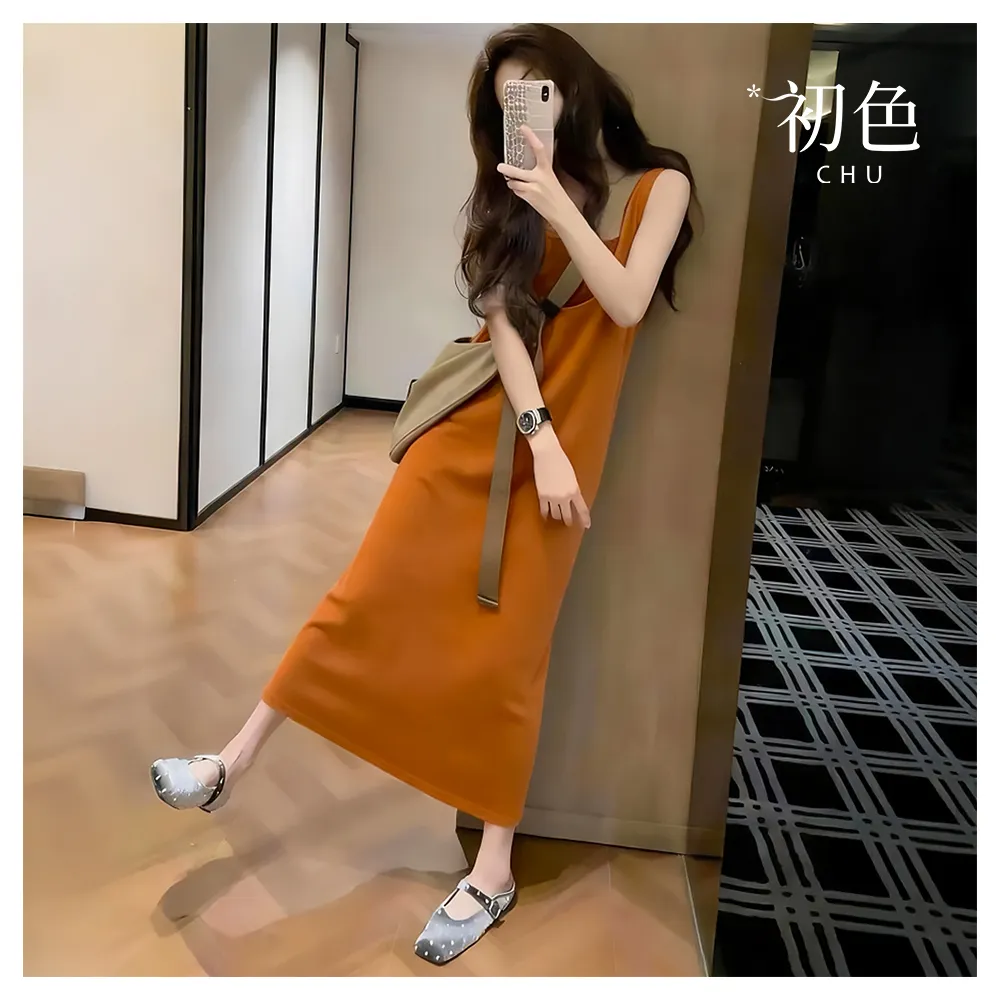 【初色】純色內搭背心女背心+復古風吊帶中長裙連衣裙連身洋裝長裙套裝-橘色-52656(M-XL可選)