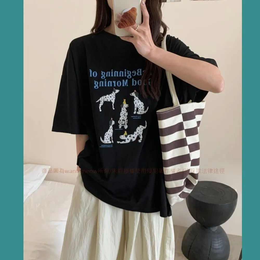 【Want-Meow】100公斤可穿/質感厚磅棉寬鬆美式插畫狗狗寬鬆棉T大尺碼上衣大尺碼T恤(大碼/大尺碼/加大碼)